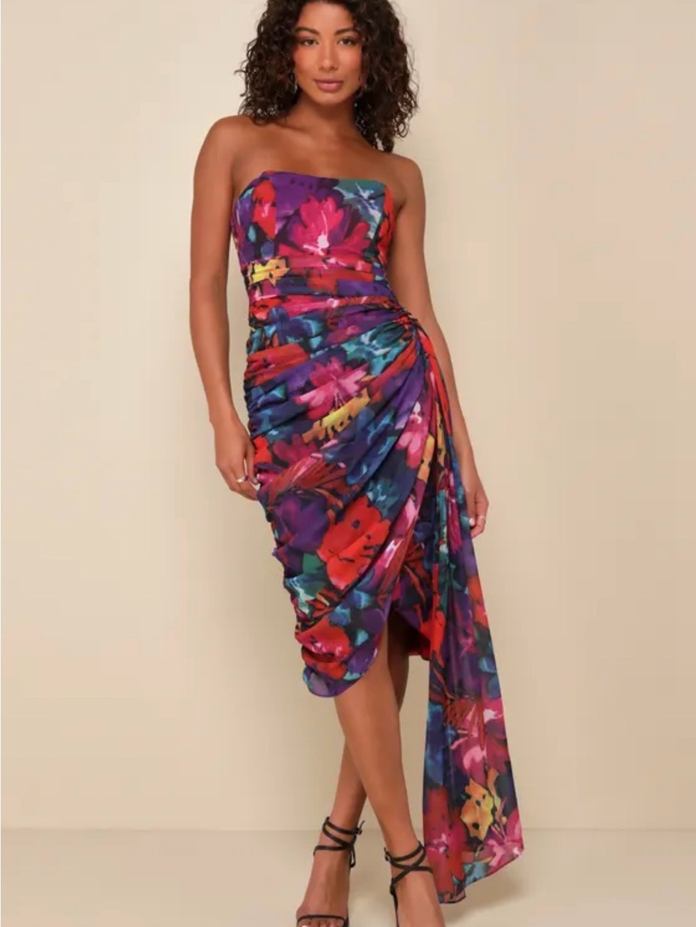 Lulu's Strapless Floral Draped Midi Dress in Purple & Red